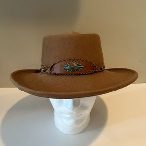 VTG SCALA Brown Hand Made 100% Wool‎ Fedora Hat One Size Leather Trim Turquoise